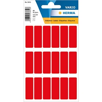 Image of HERMA Multi Purpose Labels, 18 Labels per Sheet, 5 Sheets, 12 x 34 mm, 90 Self Adhesive Small Stickers, Blank Sticky for Office Kitchen Home, Red