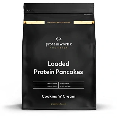 Image of Protein Works Loaded Pancake Mix Premium High Pancakes Breakfast Low Sugar Snack 16 Servings Cookies &#039;n&#039; Cream 1kg