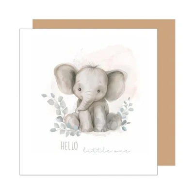 Image of Edition Seidel Premium Square Birth Greeting Card with Envelope. Saying Hello Little One for Child Baby Girl Boy Elephant (EQ107 SW024)
