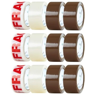 Image of Packaging Tape Rolls Multipack Strong Brown Fragile Clear Heavy Duty for Packing Boxes Moving House Essentials (Tapes Mixed, 1 Pack)