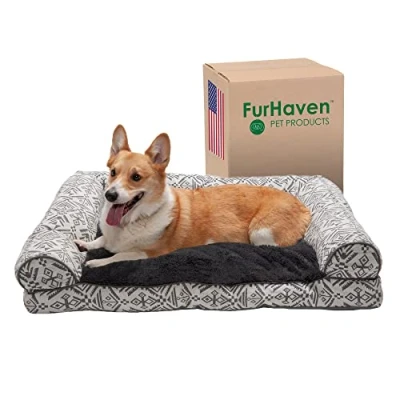 Image of Furhaven Pillow Dog Bed for Large/Medium Dogs w/Removable Bolsters &amp; Washable Cover Plush Southwest Kilim Woven Decor Sofa Boulder Gray, Large