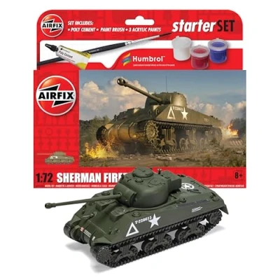 Image of Airfix Starter Set A55003 Sherman Firefly Model Building Kit Plastic Tank Kits for Adults &amp; Children 8+, Includes Decals, Humbrol Acrylic Paints, Brushes Poly Cement 1:72 Scale