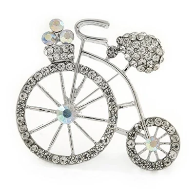 Image of Avalaya Retro Clear Crystal Bicycle Brooch in Silver Tone Metal 40mm W