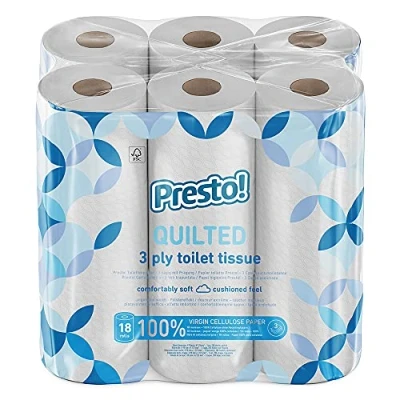 Image of Amazon Brand Presto! Toilet Roll, 3 ply Quilted, Velvety Soft, Unscented, 18 Rolls (1 Pack of 18), 200 Sheets per 3600 Count, FSC Certified