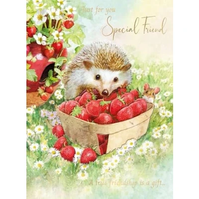 Image of Noel Tatt Special Friend Female Birthday Card Hedgehog, Mouse and Strawberries with Foil Details Eco Friendly Recyclable