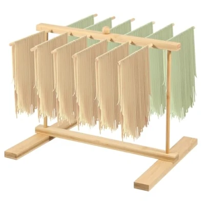 Image of Pasta Drying Rack with Transfer Wand and 12 Bars, Detachable Wooden Noodle Stand for Homemade Spaghetti, Fresh Tree Cooking