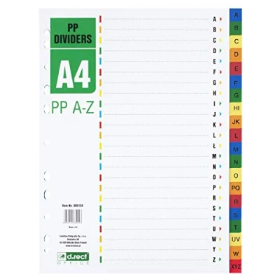 Image of D.RECT Index for A4, PP A Z PPAZ, Dividers, Ring Binder, Tabs with Z, Multicoloured, Polypropylene Colour Dividers
