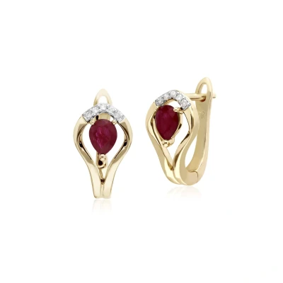 Image of Gemondo Ruby Earring, 9ct Yellow Gold &amp; Diamond Leaf Leverback Earrings