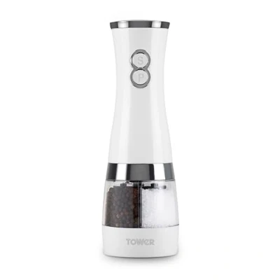 Image of Tower T847004W Electric Duo Salt and Pepper Mills, Battery Operated with Adjustable Ceramic Grinders, Black White