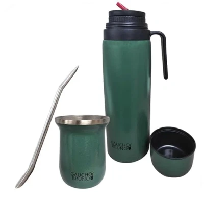 Image of Gaucho Bruno Stainless Steel Industrial Kit for Drinking Yerba Mate, Bombilla Straw and 1 Litre Easy to Clean Comfortable Hold Warm Longer, Crinkle Green