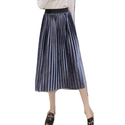 Image of L&amp;L® Vintage Women Pleated Metallic Look Midi Shiny Skirt Velvet Long (L/XL, Bluegray)