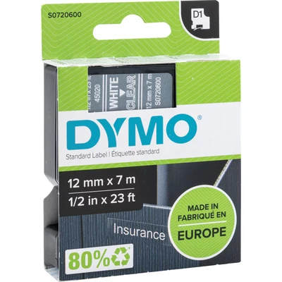 Image of DYMO Authentic D1 Labels White Print on Clear Tape 12 mm x 7 m Self Adhesive for LabelManager Label Makers Made in Europe