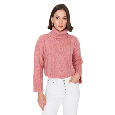 Image of Trendyol Women Regular Basic Turtleneck Knitwear Sweater Pink