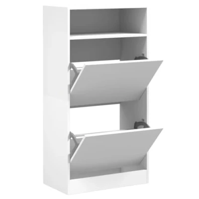 Image of vidaXL Shoe Cabinet White Engineered Wood Slim Hallway Footwear Organizer with Shelf &amp; 2 Flip Drawers, Space Saving 60x34x116 cm