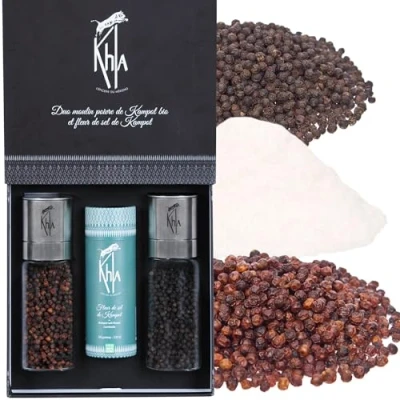 Image of Khla Set of Kampot Peppers Grinders &amp; Salt Organic Black Pepper, Red Pepper Fleur de Sel Rare Grands Crus Peppercorns Gift Box Refillable Mills Cambodia Origin