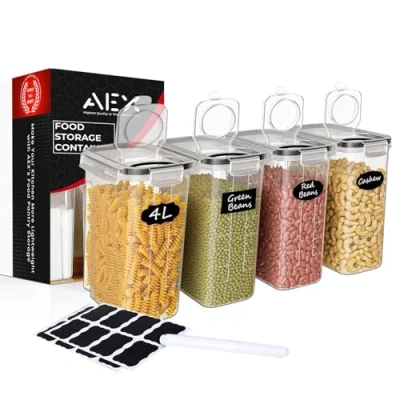 Image of AEX Airtight Cereal Storage Containers Pantry Food Organization Dispenser Sugar, Flour, Snack Leak proof With Black Locking Lids (Pack of 4)