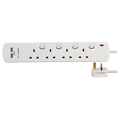 Image of Pro Elec 8418SU 4 Gang 2 USB Extension Lead, m, White