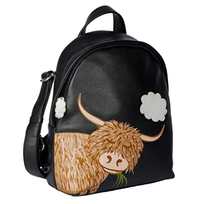 Image of Premium Leather Highland Cow Black Rucksack Backpack 7208 by Mala (Black)
