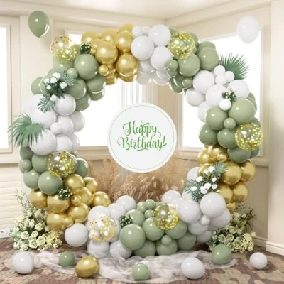 Image of Sage Green Balloon Arch Kit, 140 Pcs Olive White Gold Garland Set with Metallic Confetti Latex Balloons for Women Girls Birthday Party Wedding Jungle Safari Engagement Decoration