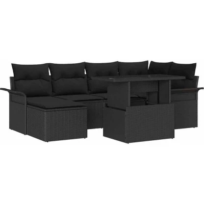 Image of vidaXL 7 Piece Garden Sofa Set with Cushions Black Poly Rattan