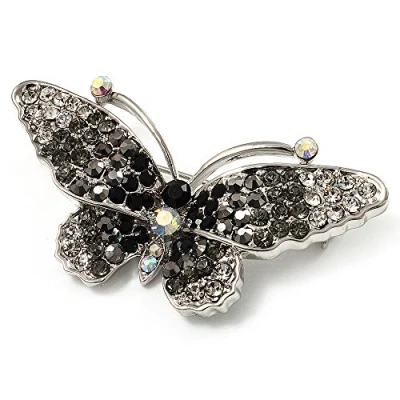 Image of Avalaya Black Crystal Butterfly Brooch (Silver Tone)