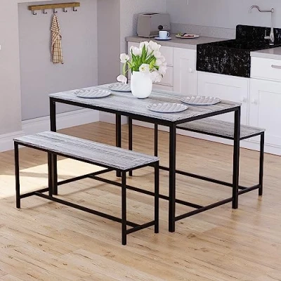 Image of Vida Designs Brooklyn 4 Seater Dining Set 3 Piece Table &amp; Bench Industrial Room Furniture (Grey)