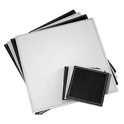 Image of Set of 4 Black/Grey Faux Leather Placemats &amp; Coasters Reversible Square Dining