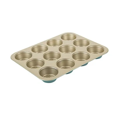 Image of Prestige x Nadiya Muffin Trays For Baking 12 Cup Non Stick Tin, Dishwasher Safe, Oven and Fridge/Freezer Steel Bakeware, Teal &amp; Gold