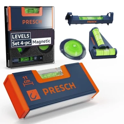 Image of Presch Mini Level Set 4pcs. All Round with Mini, T , Bullseye Spirit and line Levels Reinforced Magnet for Maximum Adhesion Shatterproof Acrylic Glass