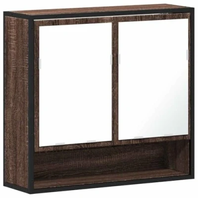 Image of vidaXL bathroom cabinet wall mounted brown oak mirror engineered wood with metal frame industrial style