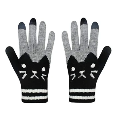 Image of Unisex Women Men Winter Touch Screen Gloves Cat Warm Knit Texting Touchscreen Mittens black One Size