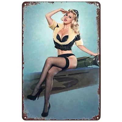 Image of Retro Pin up Girl on Plane Sexy Army Lady Vintage Metal Decor 12X8 in Tin Sign Home Art Signs Wall Poster