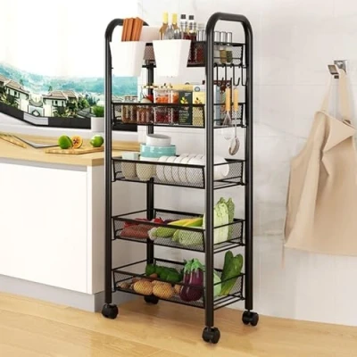 Image of HshDUti Snack Cart with Wheels, 5 Tier Fruit Vegetable Basket Kitchen Pantry Organizers and Storage, Metal Wire Storage Rolling Utility Black Layers