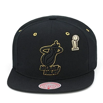 Image of Mitchell &amp; Ness Miami Heat Snapback Hat Adjustable Cap Black/Gold Metal Pin, Black, Gold, One size