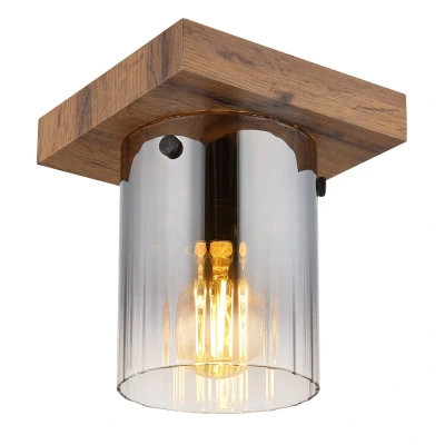 Image of Underwood Cylindrical Ceiling Light Wood Look Dark Smoke Glass Shade 1x E27