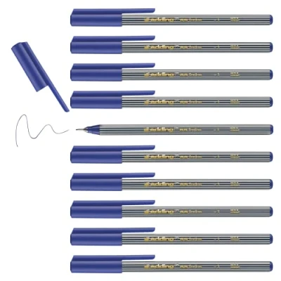 Image of edding 55 fineliner blue 10 pens 0.3 mm nib colour pen for writing, drawing, underlining, illustrating children and adults, at school in the home or office