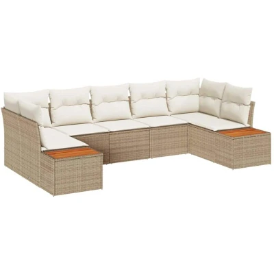 Image of vidaXL 7 Piece Garden Sofa Set with Cushions Beige Poly Rattan Acacia