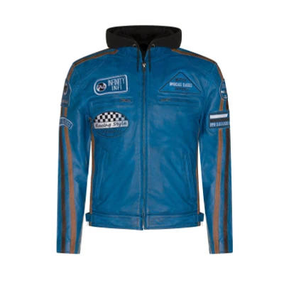 Image of Mens Blue Leather Biker Hood Racing Moto Jacket M