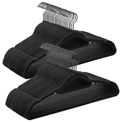 Image of SONGMICS Velvet Hangers, Set of 50 Coat Hangers for Clothes, Non Slip, with Tie Bar and Black Hook, Space Saving, 0.6 cm Thick, 43.5 Long, Dresses Trousers, Ink CRF021B02