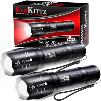 Image of REHKITTZ Torch, Torches Led Super Bright 2000 Lumen (2 Pack), Adjustable Focus Torch with 5 Lighting Modes, Aluminium Alloy Camping Pocket Size Flashlight, for Emergency,
