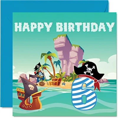 Image of 6th Birthday Card Boy Pirate Treasure Island Happy 6 Year Old Boy, Boys Cards for Him, 145mm x Greeting Son Brother Grandson Nephew Cousin God