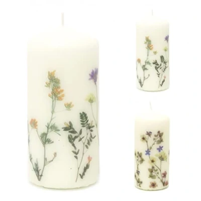 Image of Les Fleurs Pillar Candle with Flowers Botanical Unscented Decorative Candles Design Varies One Supplied