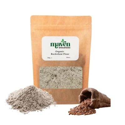 Image of Maven wholefoods Organic Buckwheat flour 500g Raw GMO Free High Fibre &amp; Protein Certified Suitable for Vegetarian Vegan Packed Fresh in Resealable Bags (500g)