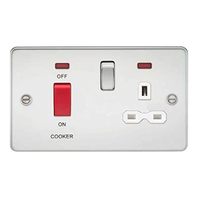 Image of KnightsBridge Flat plate 45A DP switch and 13A switched socket with neon polished chrome white insert