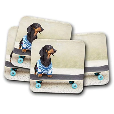 Image of 4 Set Cute Dachshund Skateboard Coaster Sausage Dog Puppy Funny #13274