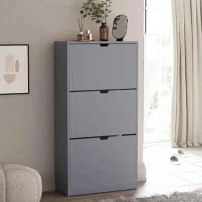 Image of Vida Designs 3 Drawer Shoe Cabinet, Space Saving Storage Cupboard with Flip Drawers, Hallway and Living Room Furniture 100% FSC certified (Grey)