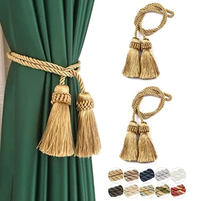 Image of Fenghuangwu 2 Pack Curtain Tiebacks Handmade Decorative Holdbacks Rope with Tassel Gold