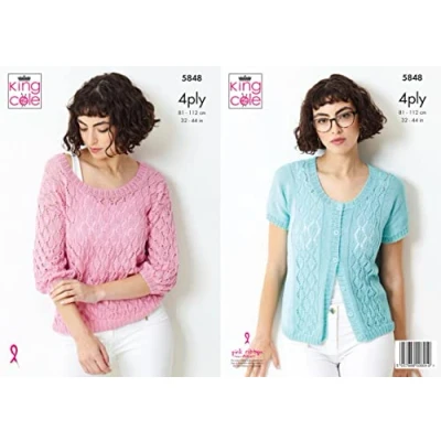 Image of King Cole 5848 Knitting Pattern Womens Cardigan and Top in Giza Cotton 4 Ply