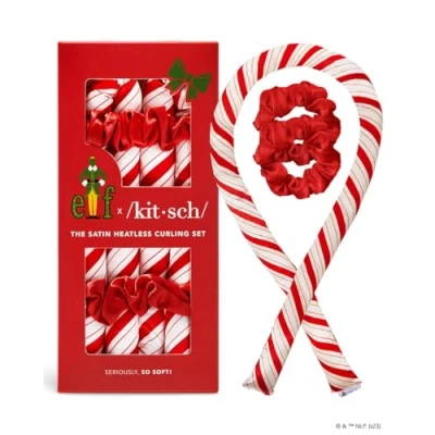 Image of Elf x Kitsch Satin Overnight Curling Set Heatless Hair Rollers for Soft Curls, Rod Headband Candy Cane
