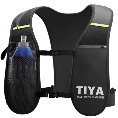 Image of TIYA Hydration Running Vest with Water Bottle Waterproof Phone Pouch, Extra Accessories Pockets Lightweight, Adjustable, Reflective Runners Gear for Men Women Black (with 500ml Bottle)